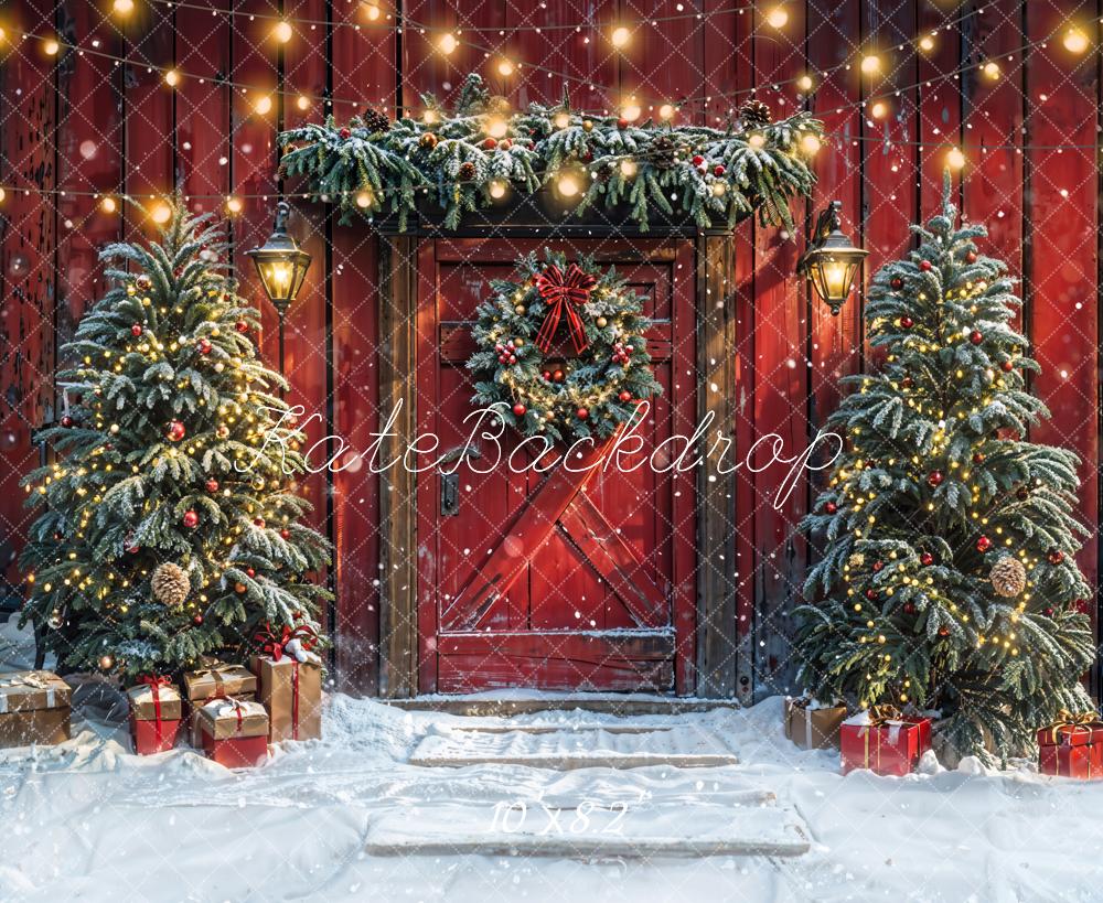 Kate Arbre de Noël Rouge Grange Porte Neige Toile de fond conçue par Emetselch - Kate Backdrop FR