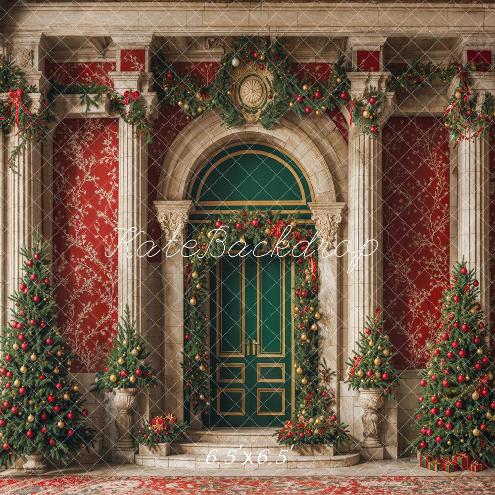 Kate Arbre de Noël Porte verte Mur Rétro Rouge Toile de fond conçue par Emetselch - Kate Backdrop FR