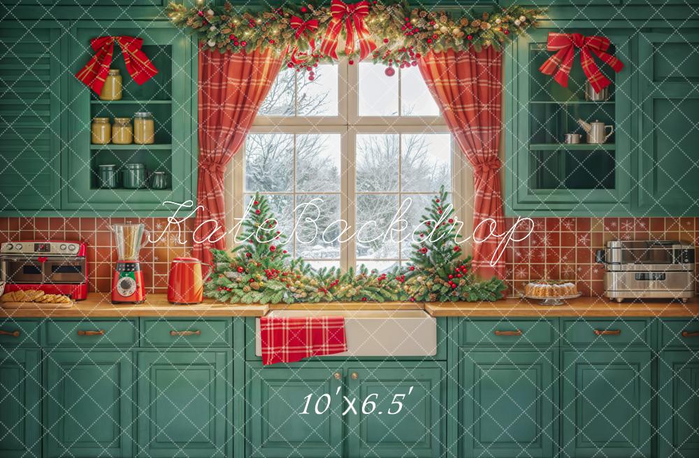 Kate Noël Cuisine Armoires vertes Rideaux Rouge Toile de fond conçue par Emetselch - Kate Backdrop FR