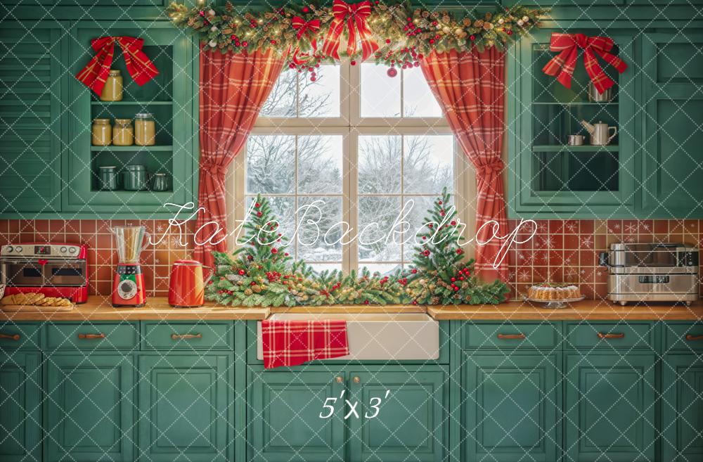 Kate Noël Cuisine Armoires vertes Rideaux Rouge Toile de fond conçue par Emetselch - Kate Backdrop FR
