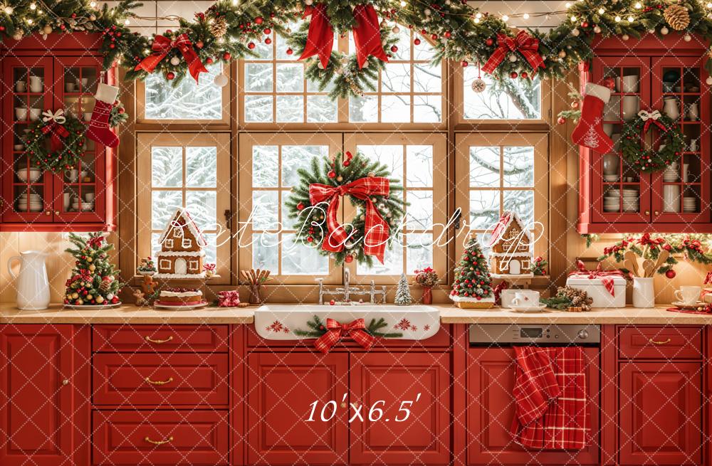 Kate Noël Cuisine Rouge Rétro Armoires Fenêtre Toile de fond conçue par Emetselch - Kate Backdrop FR