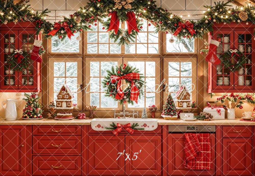 Kate Noël Cuisine Rouge Rétro Armoires Fenêtre Toile de fond conçue par Emetselch - Kate Backdrop FR