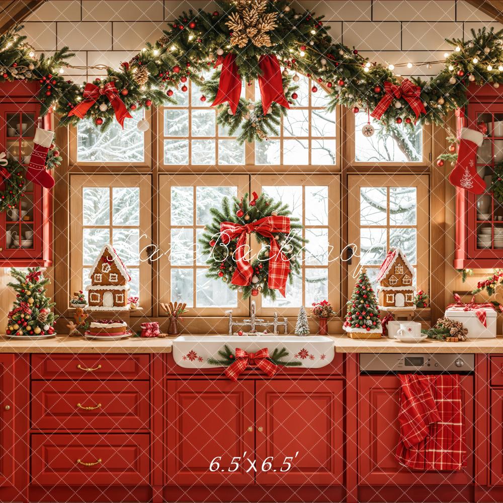 Kate Noël Cuisine Rouge Rétro Armoires Fenêtre Toile de fond conçue par Emetselch - Kate Backdrop FR