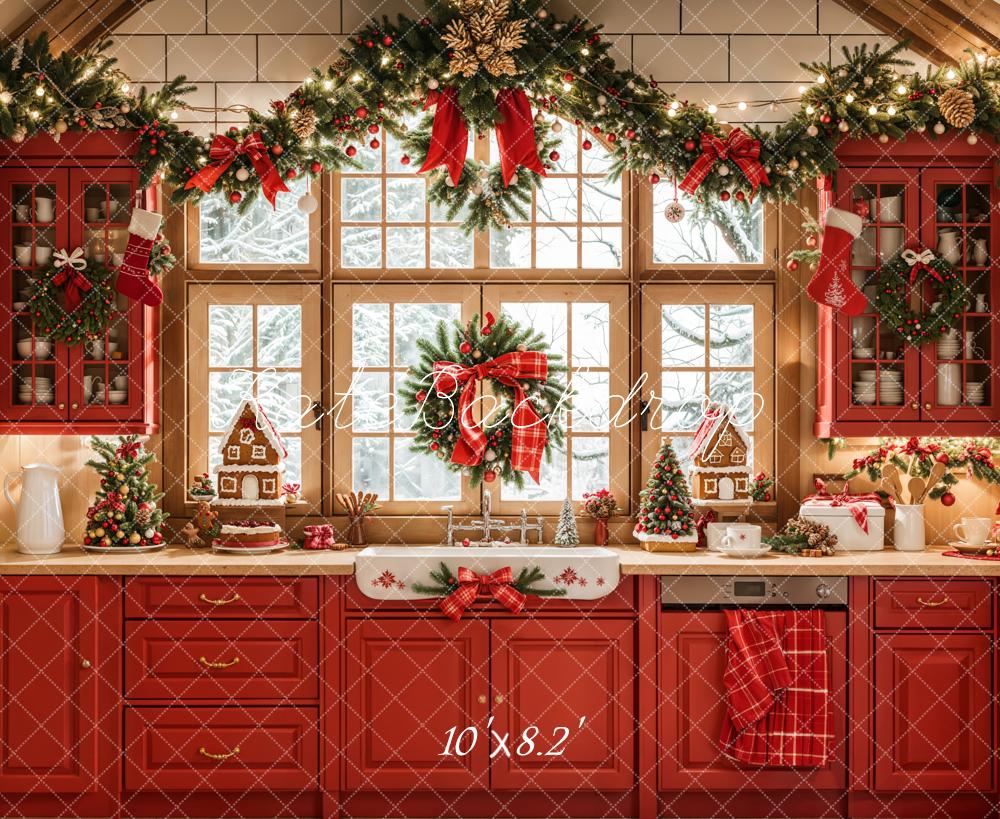 Kate Noël Cuisine Rouge Rétro Armoires Fenêtre Toile de fond conçue par Emetselch - Kate Backdrop FR