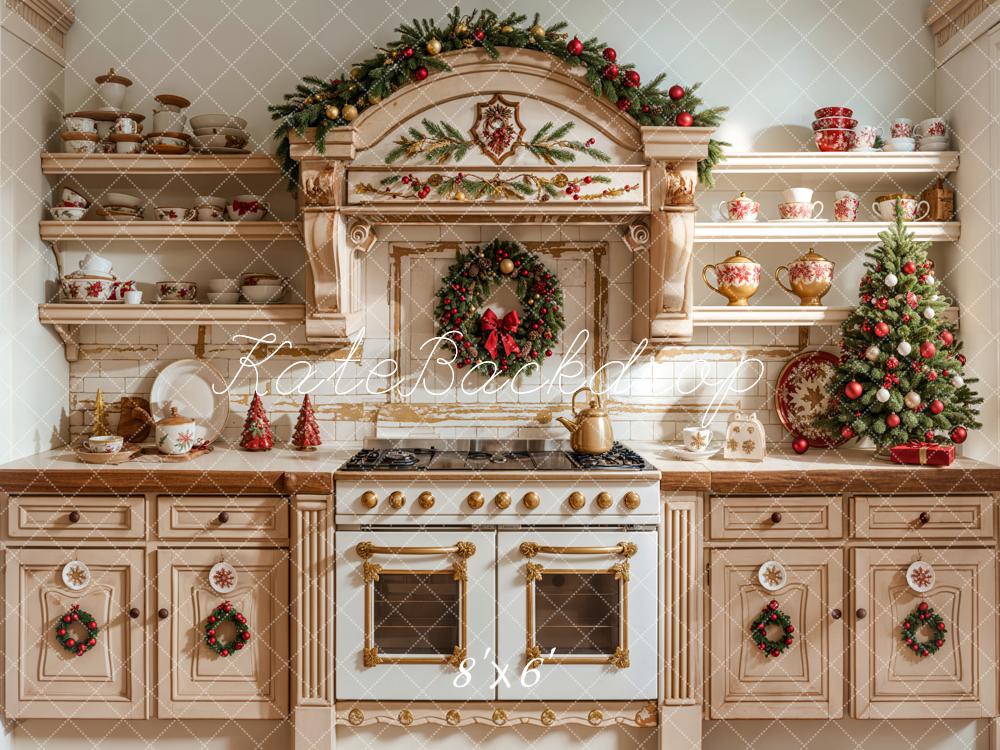 Kate Noël Cuisine Abricot Armoire Plats Toile de fond conçue par Emetselch - Kate Backdrop FR