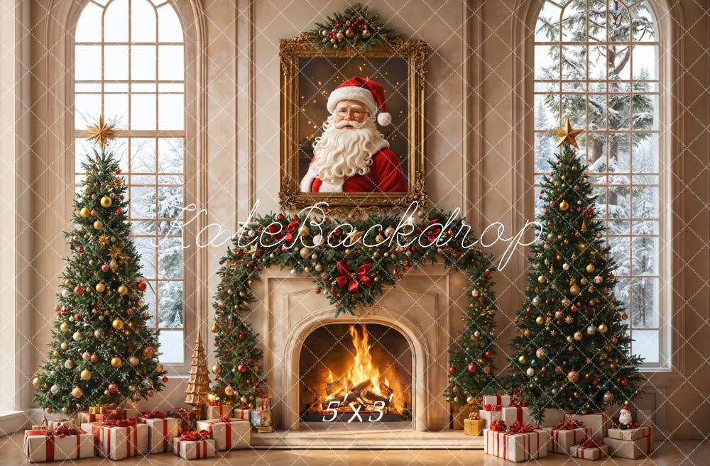 Kate Père Noël Portrait Intérieur Cheminée Fenêtre Toile de fond conçue par Emetselch - Kate Backdrop FR