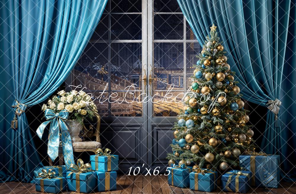 Kate Sapin de Noël Fenêtre Bleu Rideaux Cadeaux Toile de fond conçue par Emetselch - Kate Backdrop FR
