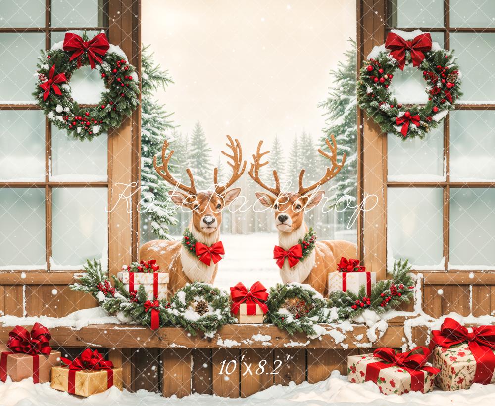 Kate Noël Wapiti Porte en bois Neige Cadeaux Toile de fond conçue par Emetselch - Kate Backdrop FR