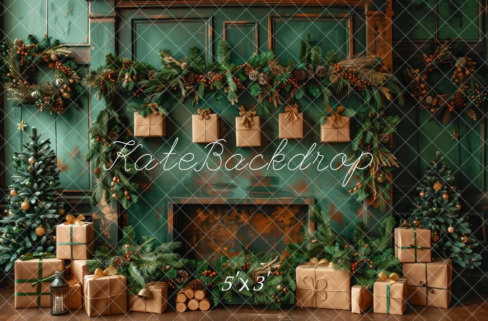 Kate Élégant Vert Noël Cheminée Cadeaux Toile de fond conçue par Patty Robert - Kate Backdrop FR