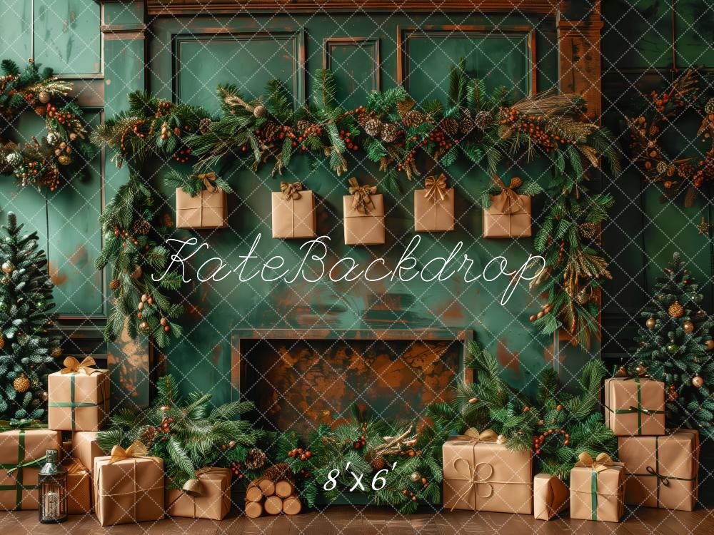 Kate Élégant Vert Noël Cheminée Cadeaux Toile de fond conçue par Patty Robert - Kate Backdrop FR