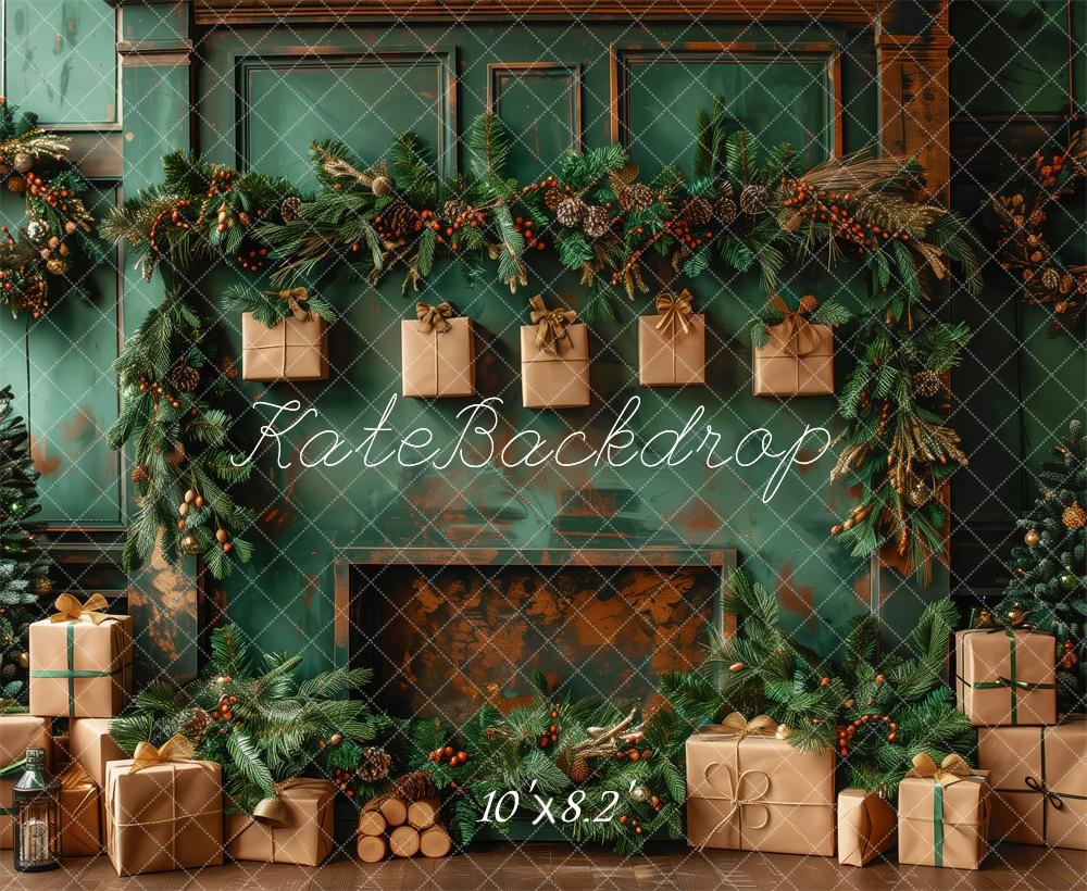 Kate Élégant Vert Noël Cheminée Cadeaux Toile de fond conçue par Patty Robert - Kate Backdrop FR