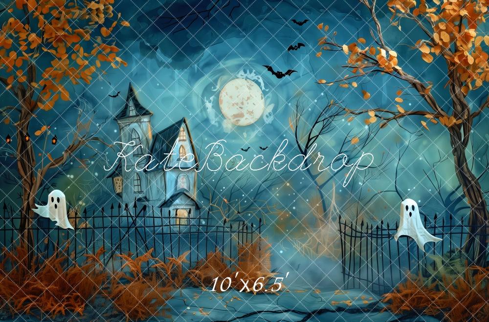 Kate Halloween Maison hantée Lune Bleu Nuit Toile de fond conçue par Patty Robert - Kate Backdrop FR