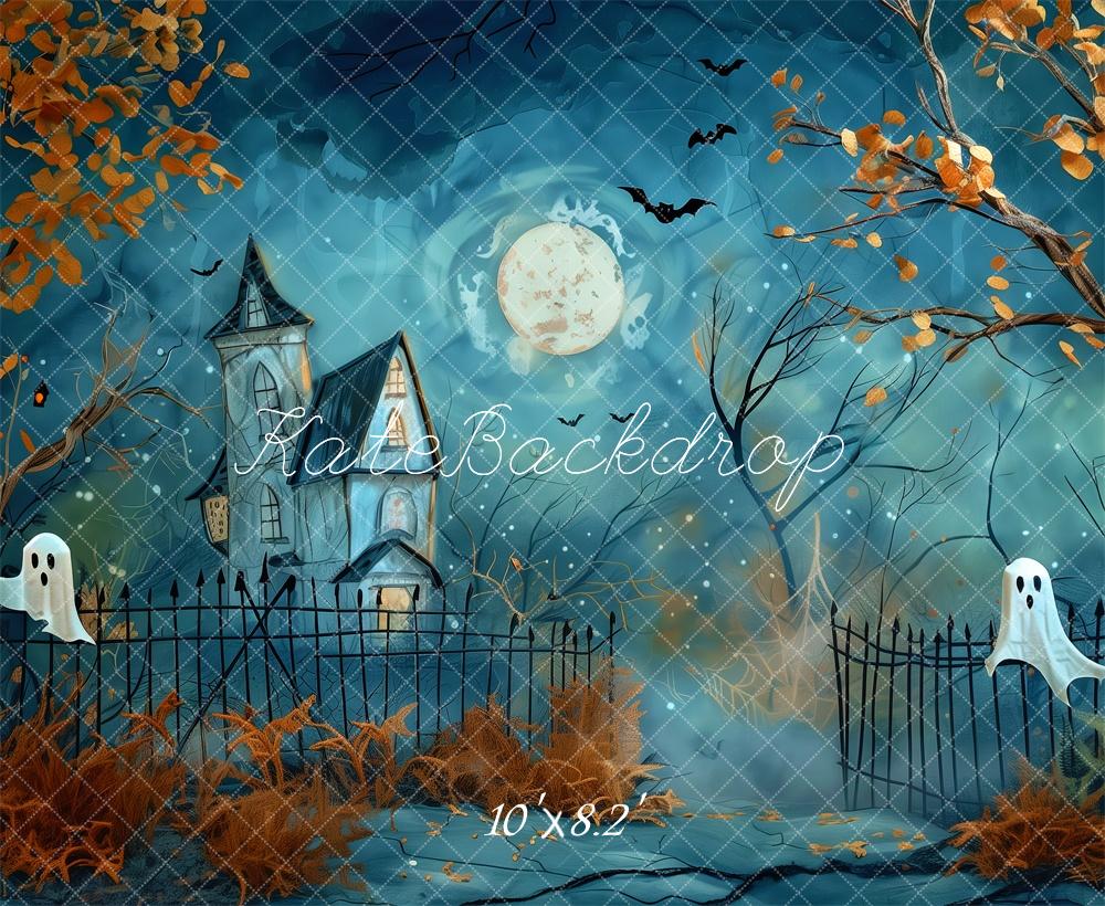 Kate Halloween Maison hantée Lune Bleu Nuit Toile de fond conçue par Patty Robert - Kate Backdrop FR
