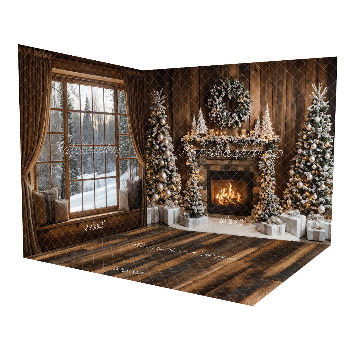 Kate Arbre de Noël Cheminée Mur en bois Ensemble de chambre (8pix8pi&10pix8pi&8pix10pi) - Kate Backdrop FR