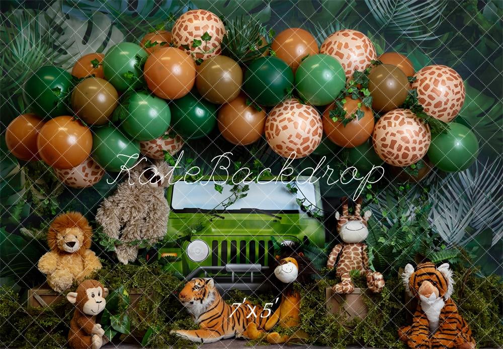 Kate Safari Jungle Animaux Cake smash Ballons Toile de fond conçue par Megan Leigh - Kate Backdrop FR