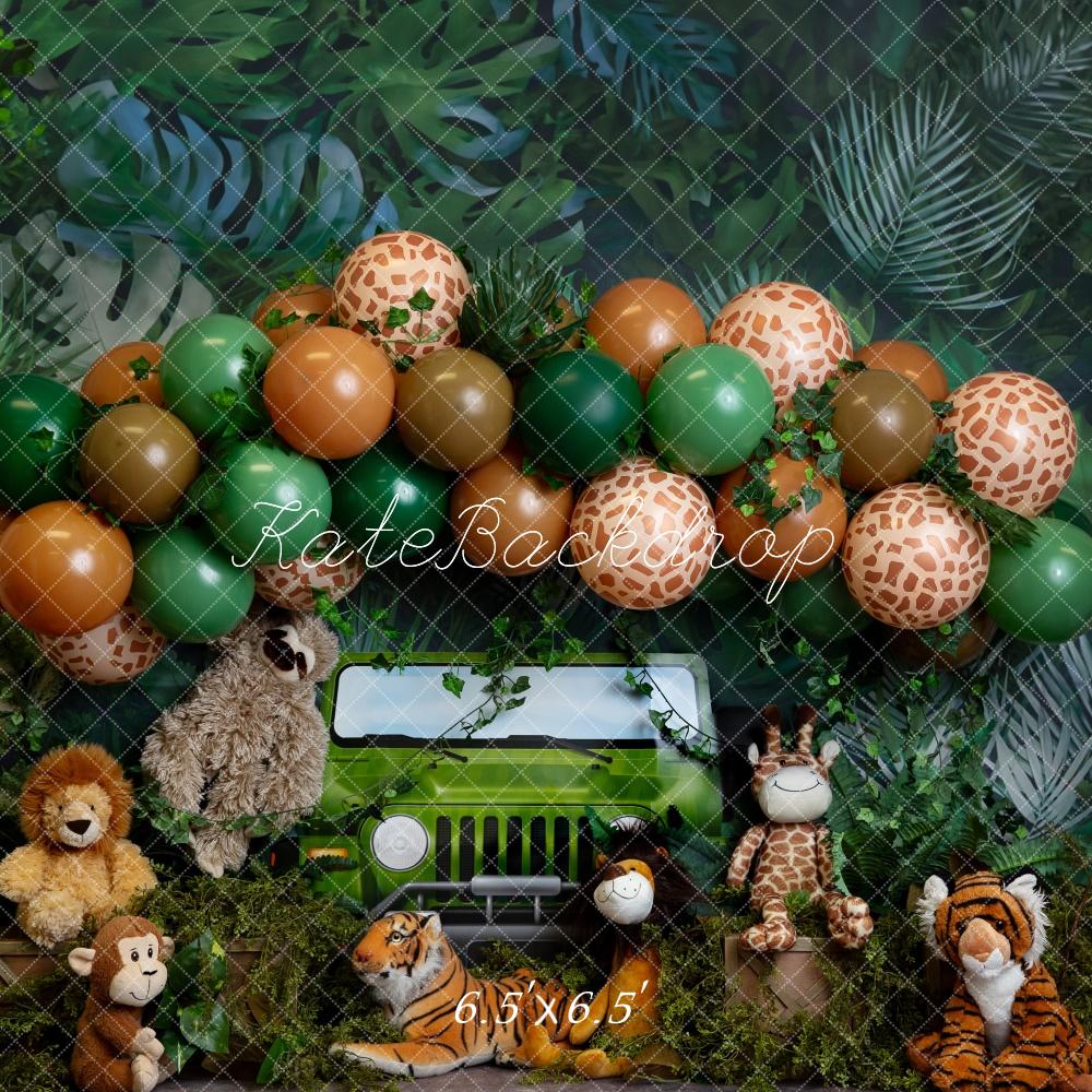 Kate Safari Jungle Animaux Cake smash Ballons Toile de fond conçue par Megan Leigh - Kate Backdrop FR