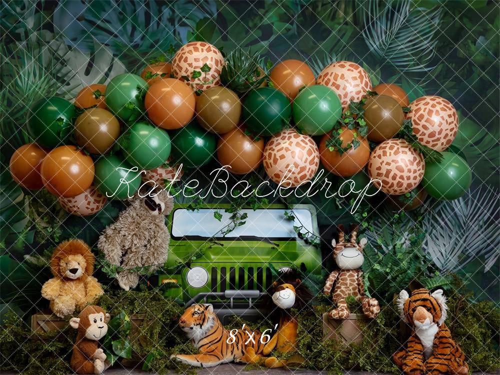 Kate Safari Jungle Animaux Cake smash Ballons Toile de fond conçue par Megan Leigh - Kate Backdrop FR