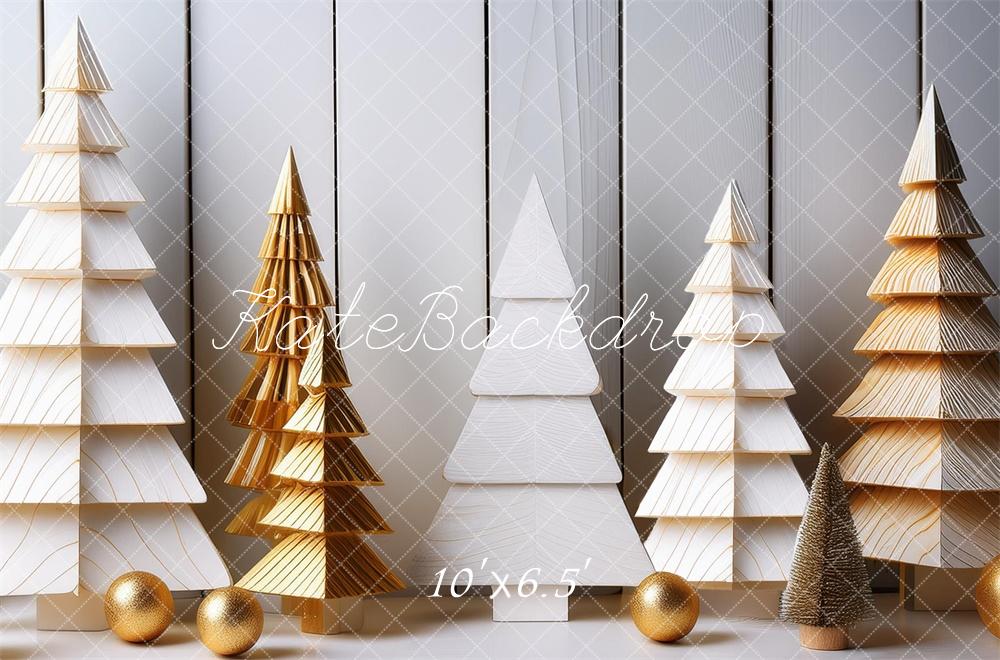 Kate Sapins de Noël en Bois Blanc Doré Toile de fond conçue par Megan Leigh - Kate Backdrop FR
