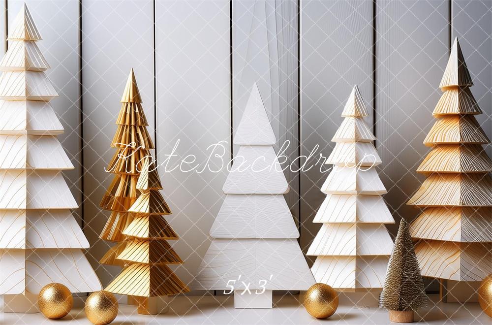 Kate Sapins de Noël en Bois Blanc Doré Toile de fond conçue par Megan Leigh - Kate Backdrop FR