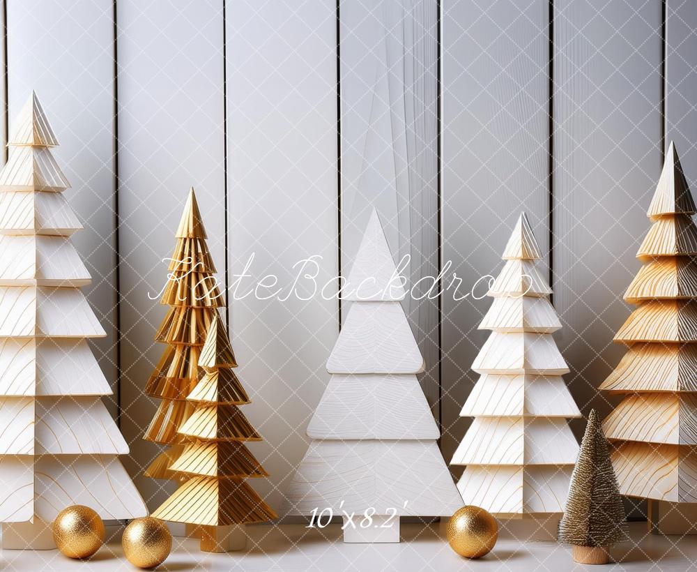 Kate Sapins de Noël en Bois Blanc Doré Toile de fond conçue par Megan Leigh - Kate Backdrop FR