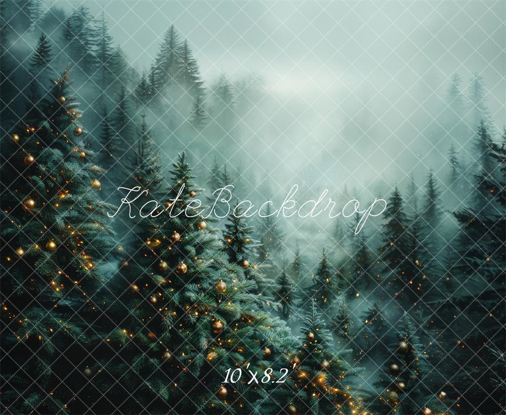 Kate Sapin de Noël Forêt Vert Brouillard Toile de fond conçue par Megan Leigh - Kate Backdrop FR