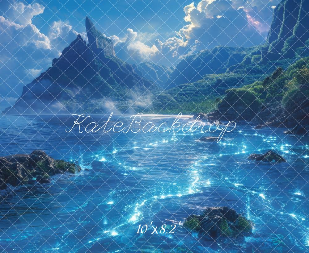 Kate Mer Lumineux Bleu Montagne Nuage Toile de fond conçue par Megan Leigh - Kate Backdrop FR