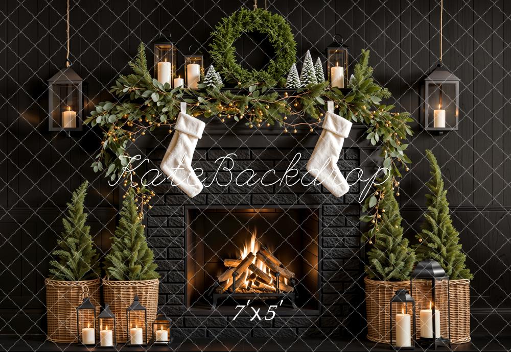 Kate Sapin de Noël Cheminée Chaussette Noir Toile de fond conçue par Emetselch - Kate Backdrop FR