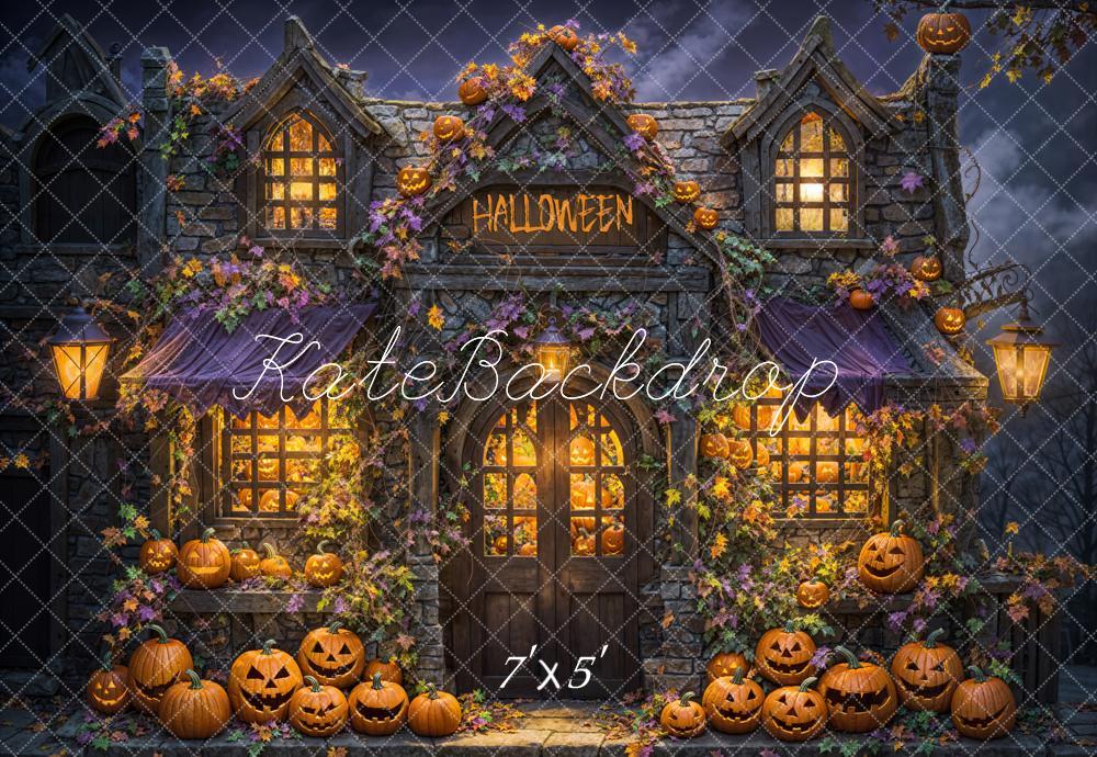 Kate Halloween Maison hantée Lumière Citrouilles Toile de fond conçue par Emetselch - Kate Backdrop FR