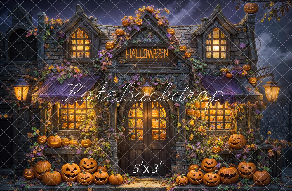 Kate Halloween Maison hantée Lumière Citrouilles Toile de fond conçue par Emetselch - Kate Backdrop FR