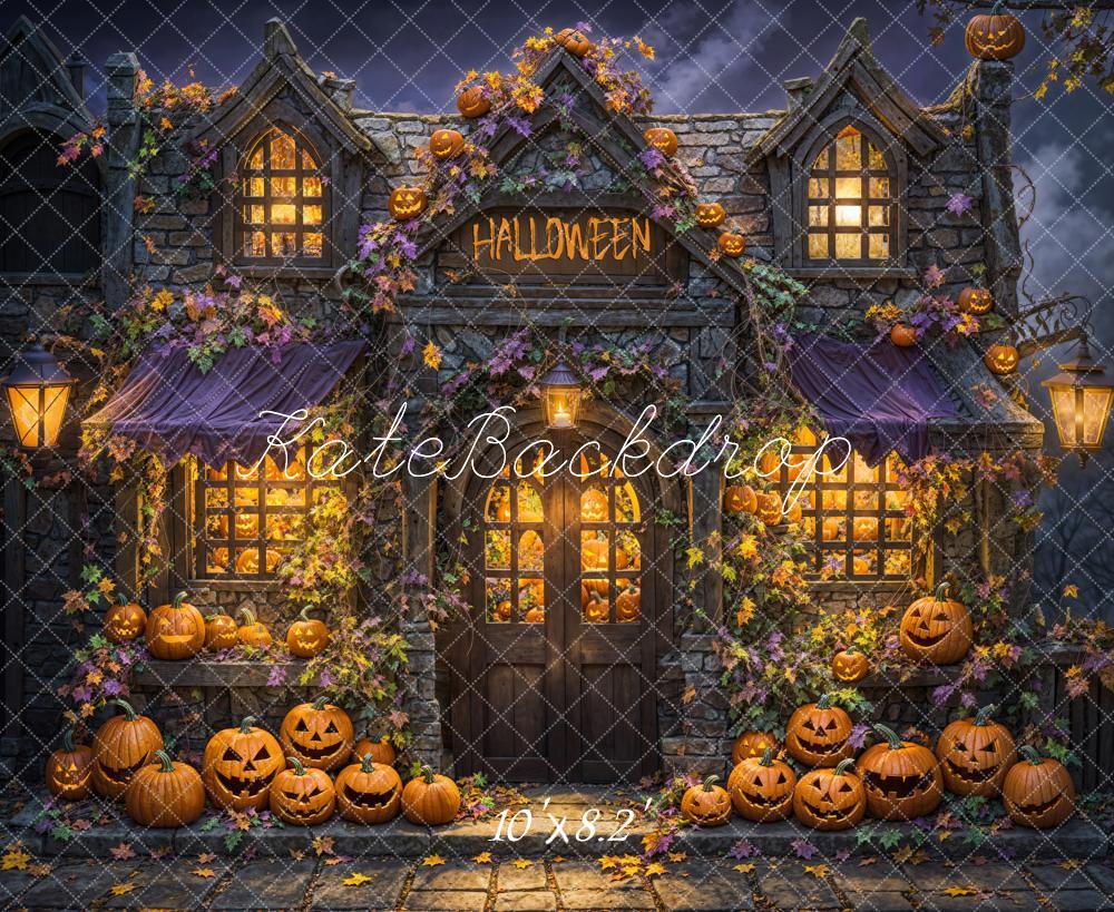 Kate Halloween Maison hantée Lumière Citrouilles Toile de fond conçue par Emetselch - Kate Backdrop FR