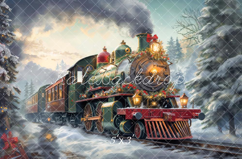 Kate Noël Train à vapeur Hiver Neige Toile de fond conçue par Emetselch - Kate Backdrop FR