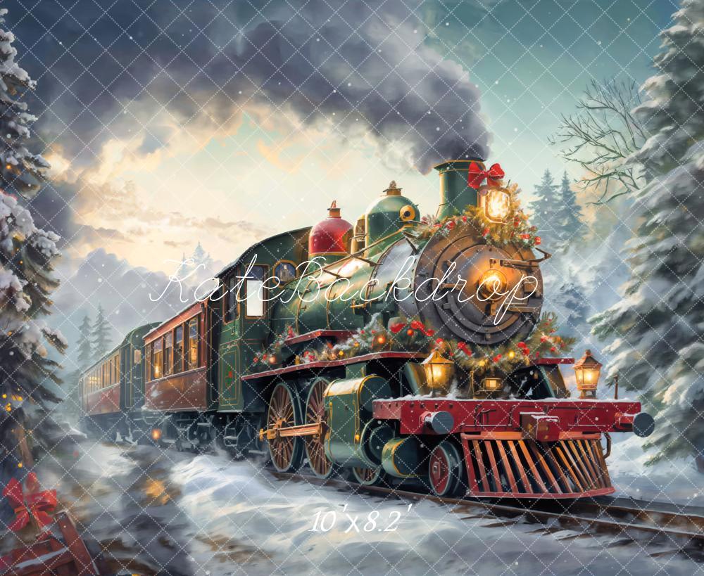 Kate Noël Train à vapeur Hiver Neige Toile de fond conçue par Emetselch - Kate Backdrop FR