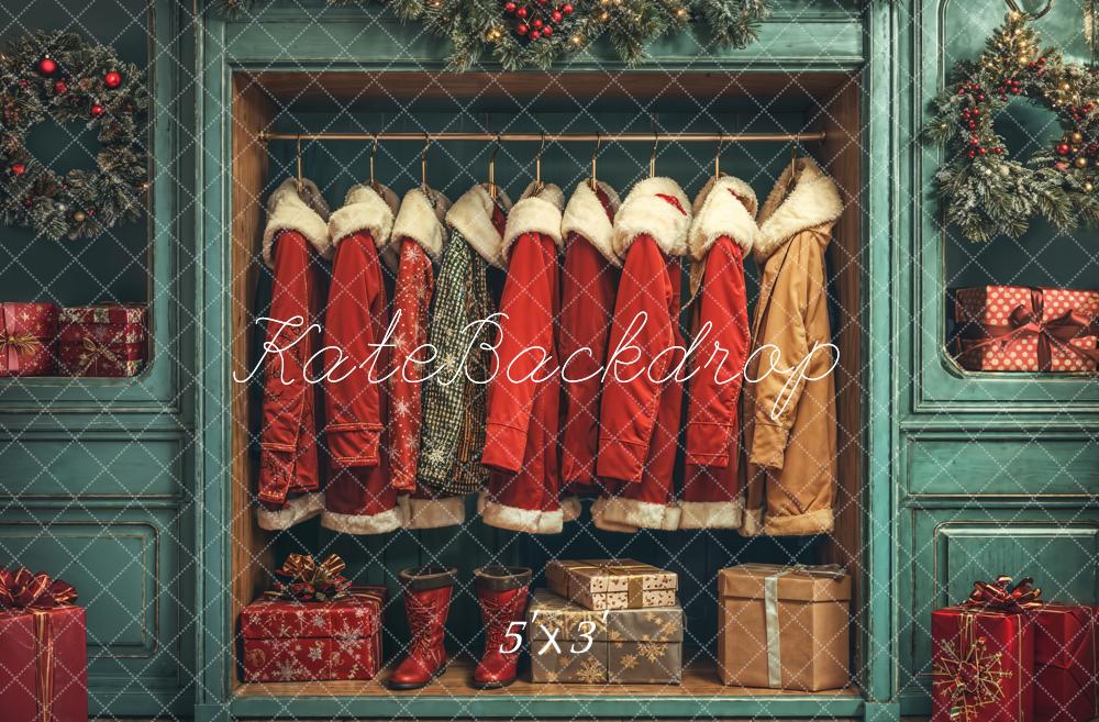 Kate Père Noël Manteaux Placard Bleu Cadeaux Toile de fond conçue par Emetselch - Kate Backdrop FR