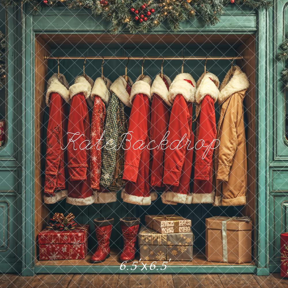 Kate Père Noël Manteaux Placard Bleu Cadeaux Toile de fond conçue par Emetselch - Kate Backdrop FR