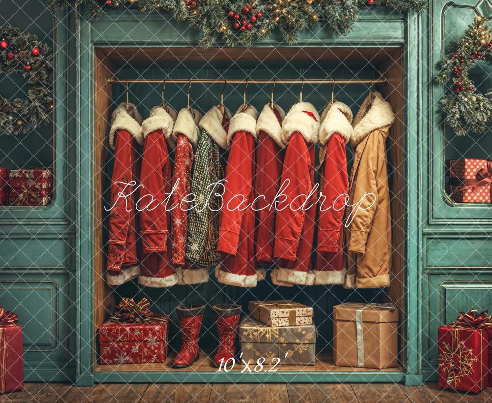 Kate Père Noël Manteaux Placard Bleu Cadeaux Toile de fond conçue par Emetselch - Kate Backdrop FR