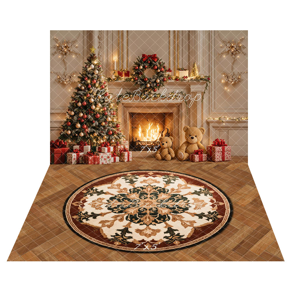 Kate Sapin de Noël Cheminée Mur Rétro Cadeaux Toile de fond+Rond Rétro Floral Tapis de sol Toile de fond - Kate Backdrop FR