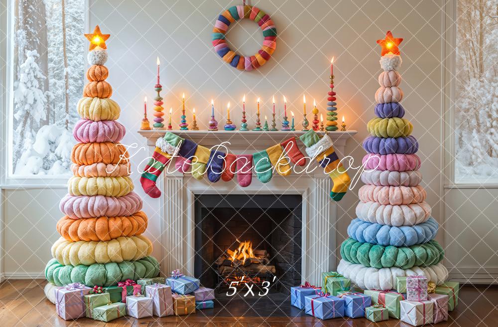 Kate Noël Arbres colorés Cheminée Hiver Toile de fond conçue par Emetselch - Kate Backdrop FR