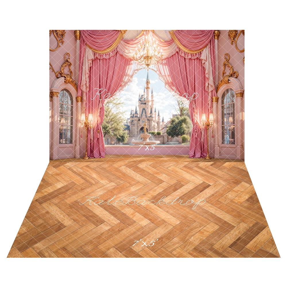 Kate Château Rose Rideaux Fenêtre Princesse Toile de fond+Motif à chevrons Parquet Sol Toile de fond - Kate Backdrop FR