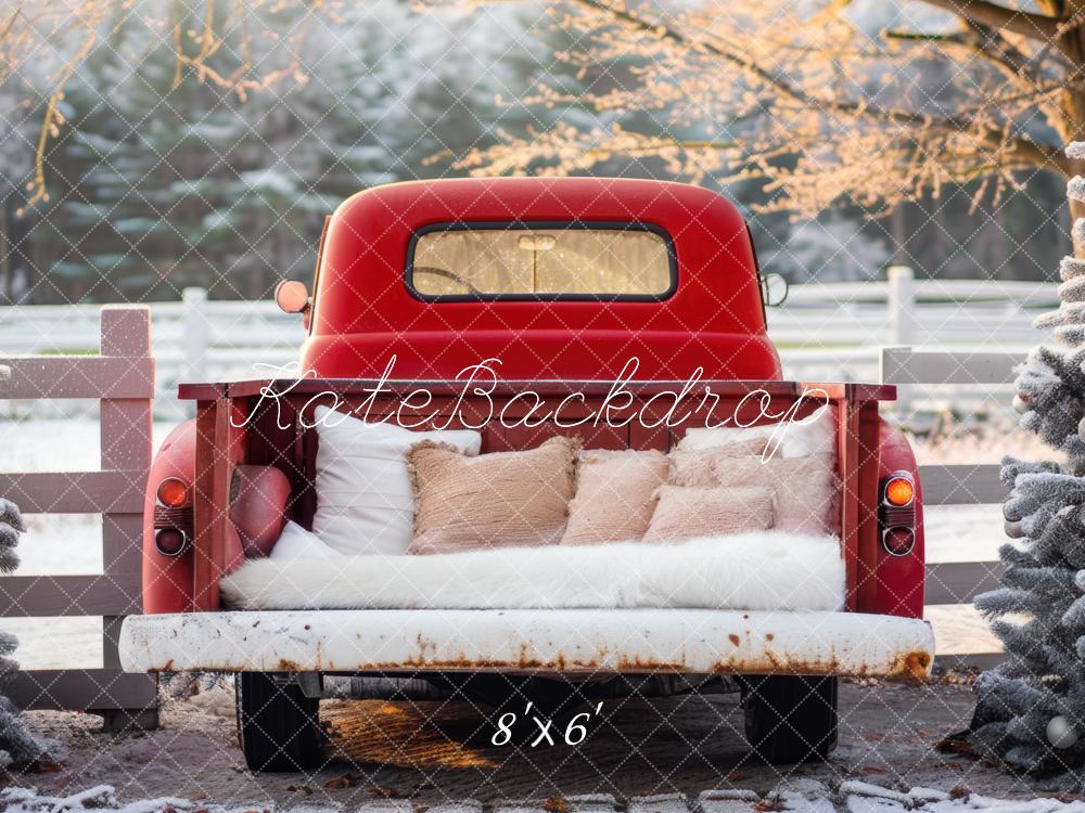 Kate Hiver Neige Camion Rouge Oreiller Toile de fond conçue par Mini MakeBelieve - Kate Backdrop FR