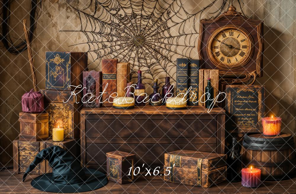 Kate Halloween Sorcière Toile d'araignée Horloge Toile de fond conçue par Emetselch - Kate Backdrop FR