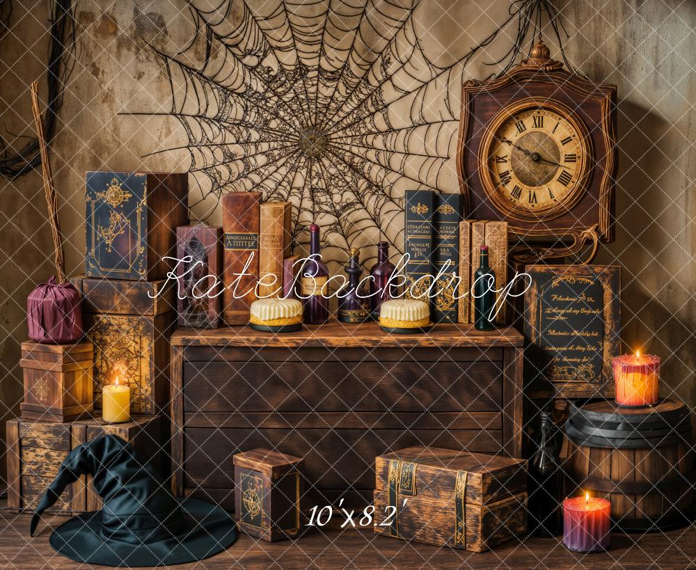 Kate Halloween Sorcière Toile d'araignée Horloge Toile de fond conçue par Emetselch - Kate Backdrop FR