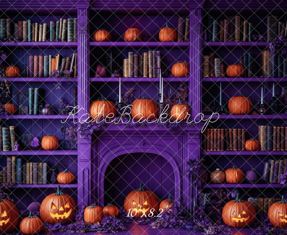 Kate Halloween Violet Bibliothèque Citrouille Livres Toile de fond conçue par Patty Robert - Kate Backdrop FR