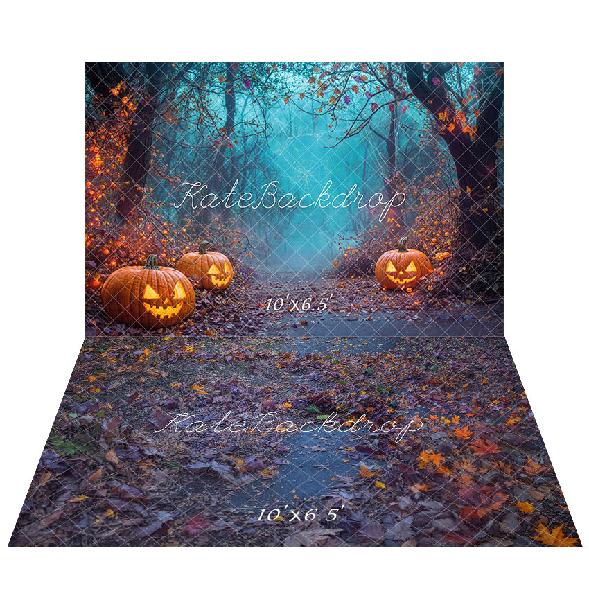 Kate Halloween Citrouille Lanternes Forêt Toile de fond+Feuilles tombées Chemin Sol Toile de fond - Kate Backdrop FR