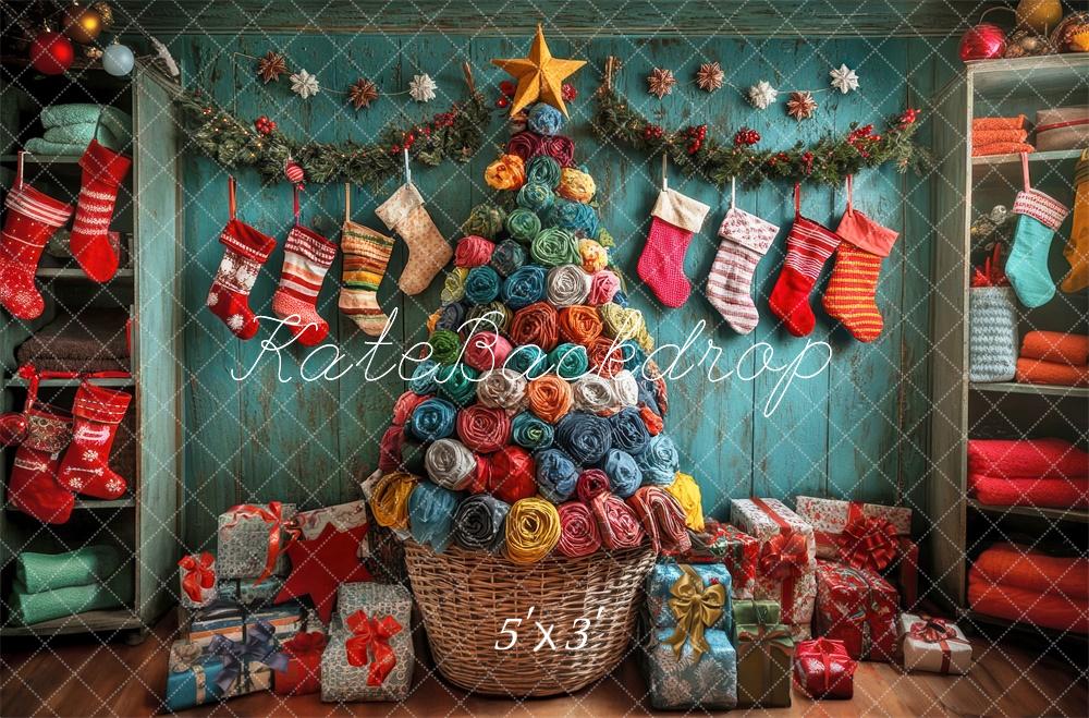 Kate Sapin de Noël Coloré Chaussettes Cadeaux Toile de fond conçue par Laura Bybee - Kate Backdrop FR