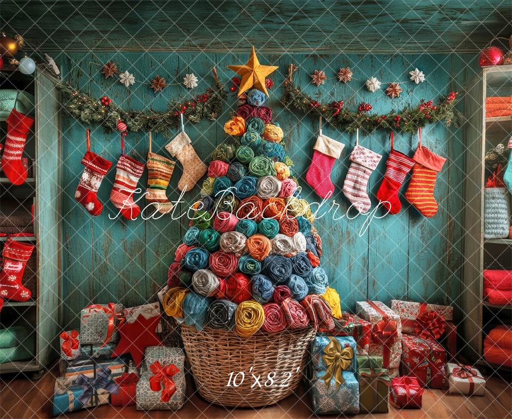 Kate Sapin de Noël Coloré Chaussettes Cadeaux Toile de fond conçue par Laura Bybee - Kate Backdrop FR