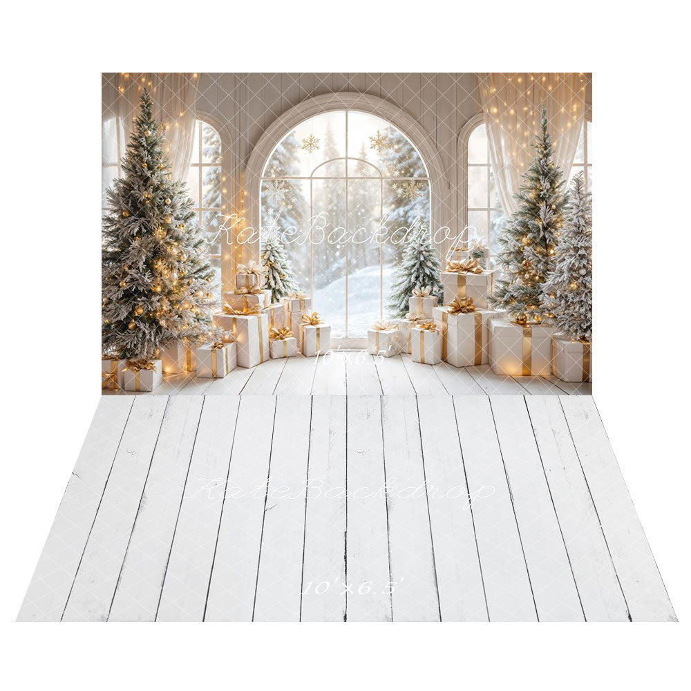 Kate Arche Fenêtre Sapin de Noël Cadeaux Toile de fond+Blanc Bois Parquet Sol Toile de fond - Kate Backdrop FR