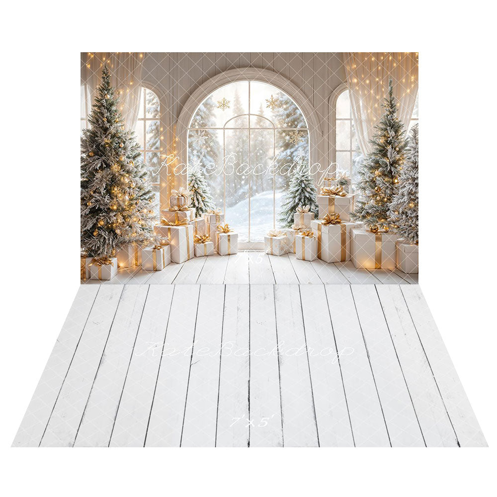 Kate Arche Fenêtre Sapin de Noël Cadeaux Toile de fond+Blanc Bois Parquet Sol Toile de fond - Kate Backdrop FR