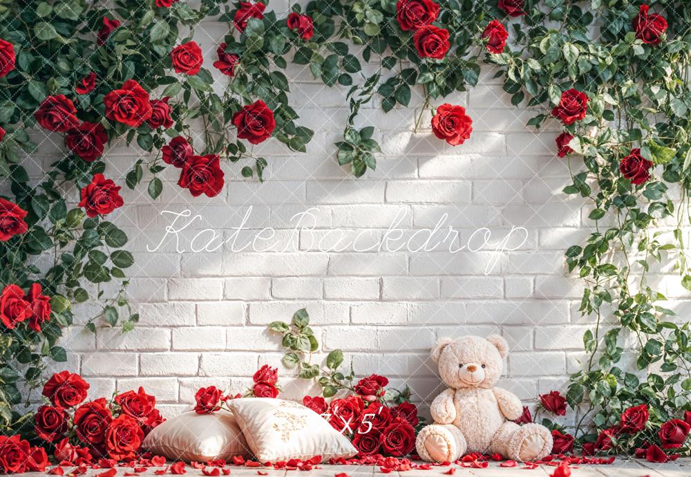 Kate Mur de briques Roses Ours en peluche Toile de fond conçue par Emetselch - Kate Backdrop FR