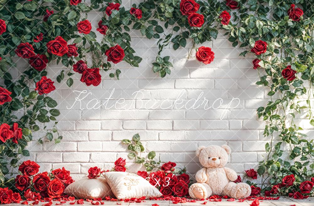 Kate Mur de briques Roses Ours en peluche Toile de fond conçue par Emetselch - Kate Backdrop FR