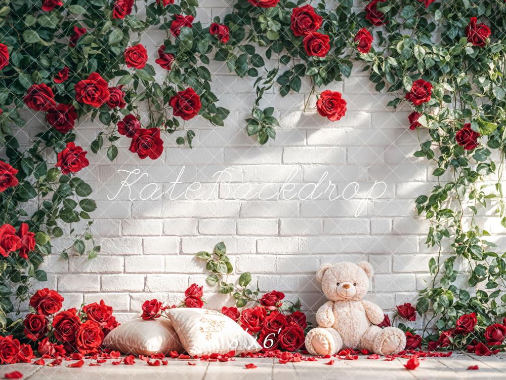Kate Mur de briques Roses Ours en peluche Toile de fond conçue par Emetselch - Kate Backdrop FR